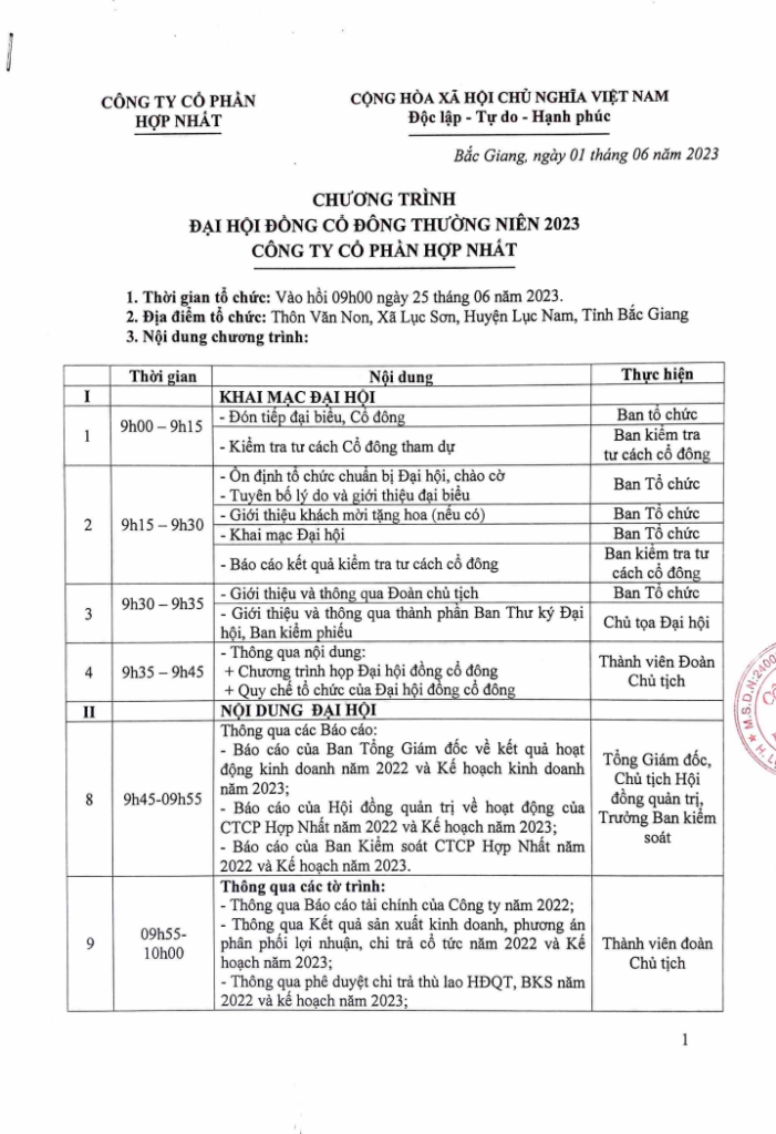 CÔNG TY CP HỢP NHẤT TỔ CHỨC ĐẠI HỘI CỔ ĐÔNG THƯỜNG NIÊN 2023 - Công ty ...